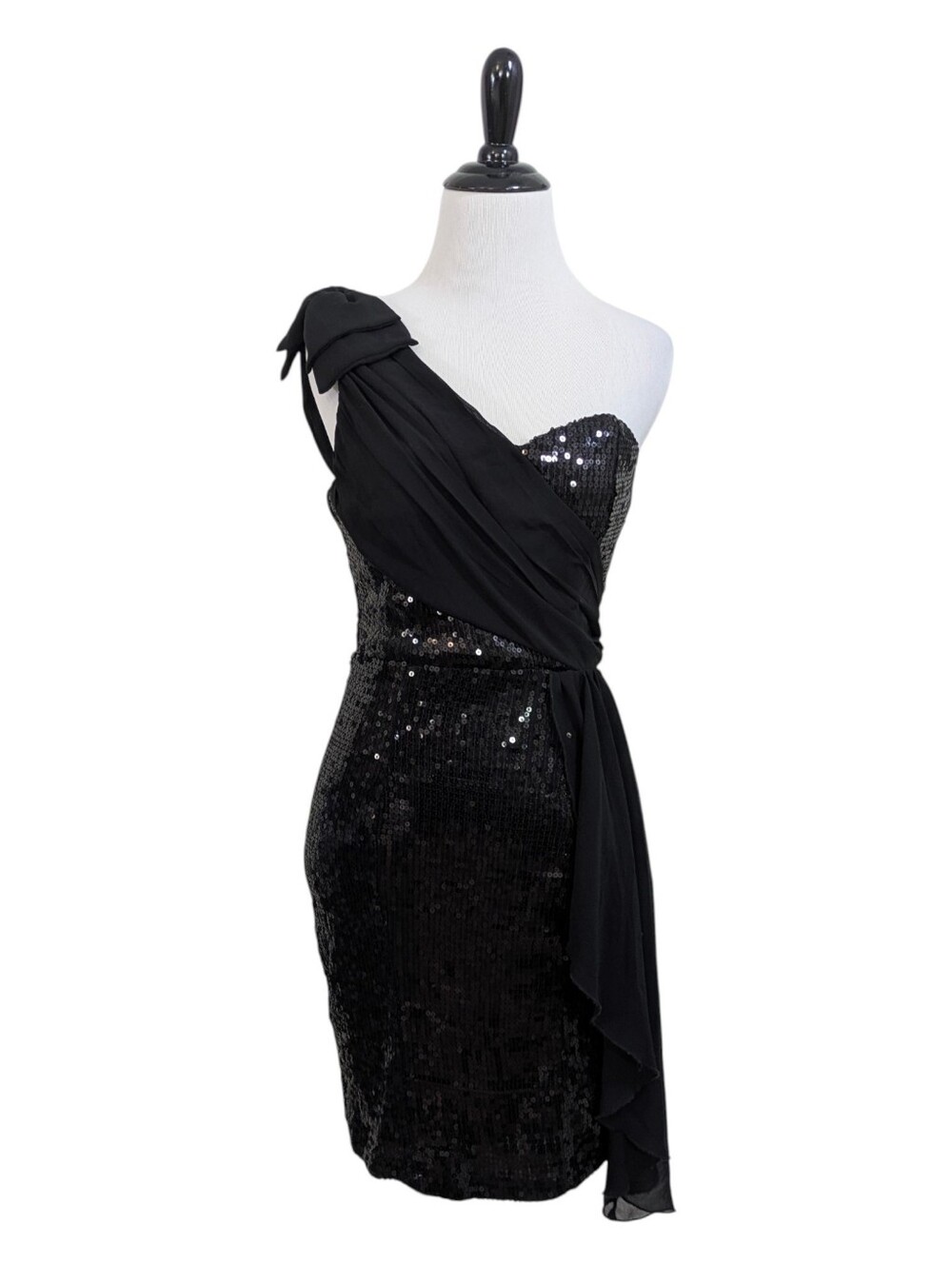 Little Mistress One Shoulder Black Sequin Chiffon Sheath Dress - Size 6 Womens